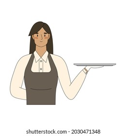 Waitress Hold Empty Serving Tray For Food. Vector Flat Cartoon Illustration