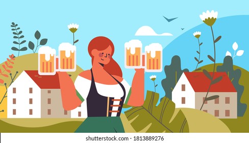 waitress holding beer mugs Oktoberfest party celebration concept woman wearing german traditional clothes landscape background portrait horizontal vector illustration