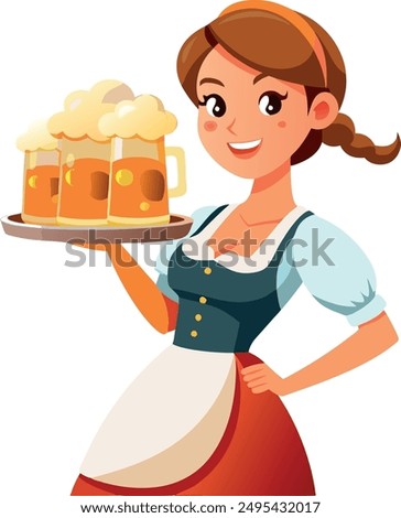 Waitress holding beer in mugs on a tray at oktoberfest