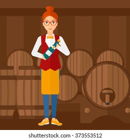 Waitress holding bottle of wine.