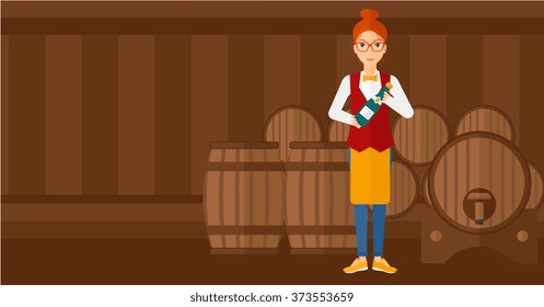 Waitress holding bottle of wine.