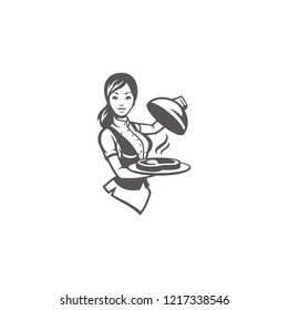 Waitress holding dish plate silhouette isolated on white background vector illustration. Vector restaurant graphics illustration.