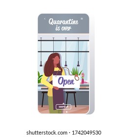 waitress holding open sign board coronavirus quarantine is ending victory over covid-19 concept cafe interior smartphone screen mobile app copy space vector illustration