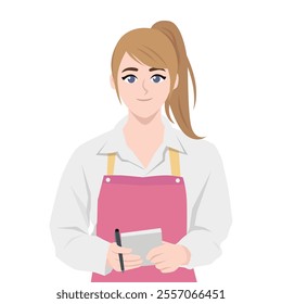 Waitress Holding a Pen and Notepad Taking Order. Flat vector Character Illustration