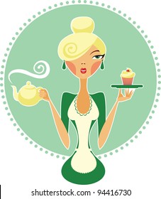 Waitress holding teapot and cupcake
