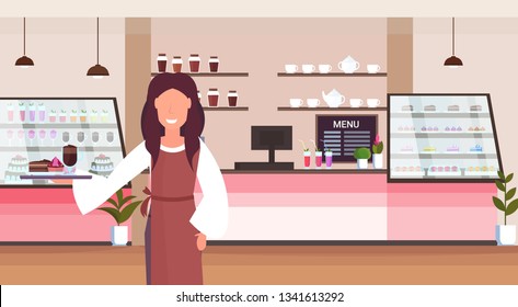 waitress holding tray with cake and cappuccino coffee shop worker serving clients smiling woman standing modern cafeteria interior horizontal cartoon character portrait