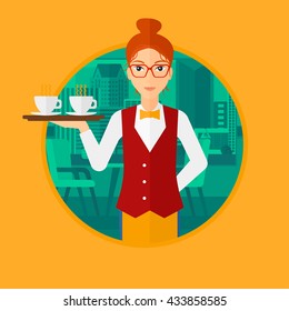 Waitress holding a tray with cups of tea or coffee. Waiteress carries coffee on a tray. Waitress with tray in a coffee shop. Vector flat design illustration in the circle isolated on background.