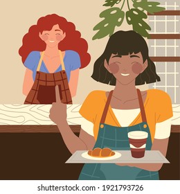 waitress holding a tray with food and female barista behind coffee shop counter vector illustration