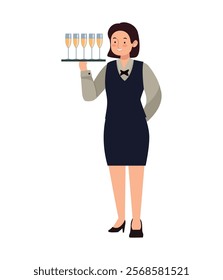 waitress holding tray serving drinks isolated