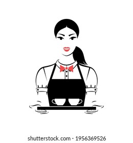 Waitress holding a tray with two cups of coffee or tea. Userpic. Portrait isolated on white background. Vector illustration