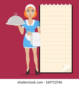 Waitress holds tray in hand