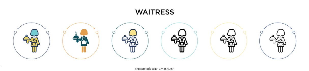 Waitress icon in filled, thin line, outline and stroke style. Vector illustration of two colored and black waitress vector icons designs can be used for mobile, ui, web