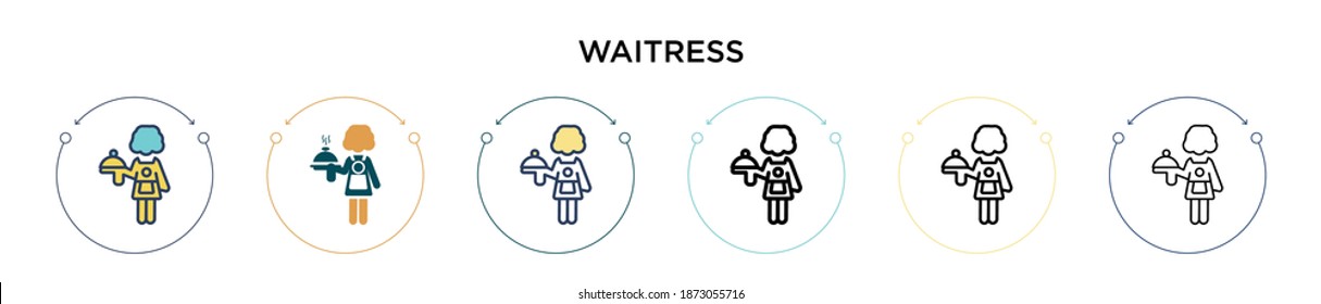 Waitress icon in filled, thin line, outline and stroke style. Vector illustration of two colored and black waitress vector icons designs can be used for mobile, ui, web