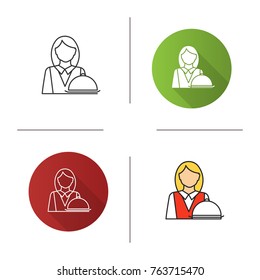 Waitress icon. Restaurant worker. Flat design, linear and color styles. Isolated vector illustrations
