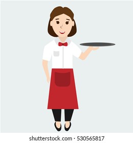Waitress isolated on gray. Young waitress, Girl in uniform, Cartoon waitress