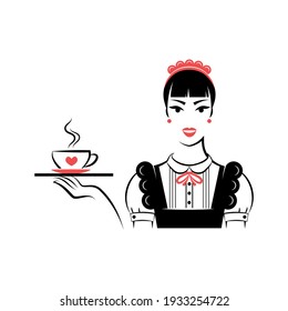 Camarera o criada con bandeja y una taza de café o una taza de té. Úsero. Retrato aislado sobre fondo blanco. Ilustración del vector