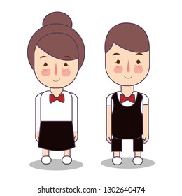 waitress male and female waiter. Vector flat character service restaurant. wearing red tie.