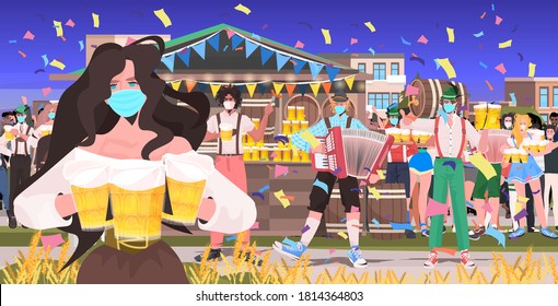 waitress in mask serving beer for mix race people octoberfest party celebration open air outdoor festival cityscape background horizontal vector illustration