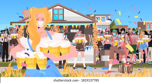 waitress in mask serving beer for mix race people octoberfest party celebration open air outdoor festival cityscape background full length horizontal vector illustration