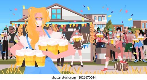 waitress in mask serving beer for mix race people octoberfest party celebration open air outdoor festival cityscape background full length horizontal vector illustration
