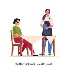 Waitress with menu taking order. Restaurant staff. Woman sitting at the table in a restaurant, wants to have a dinner.