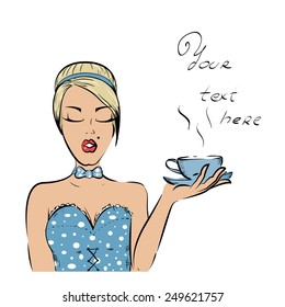 Waitress. Menu template with sexy pin up girl serving cup of coffee isolated on white background with space for text.