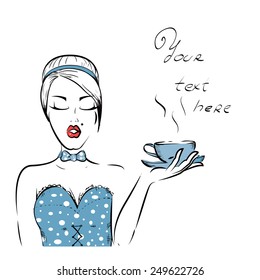 Waitress. Menu template with sexy pin up girl serving cup of coffee isolated on white background with space for text.