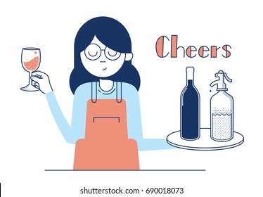 Waitress offers wine with soda to drink, in a bar, vector illustration. Minimal design drinking.