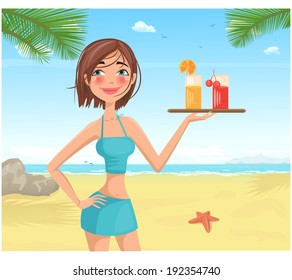 Waitress On The Beach (vector Illustration)