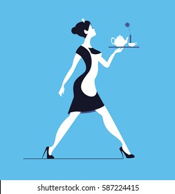 Waitress on blue background. Slender woman carrying tray with te