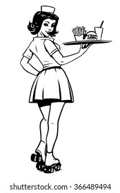 Waitress On Roller Skates. Drive-in Waitress. 50's Diner Waitress