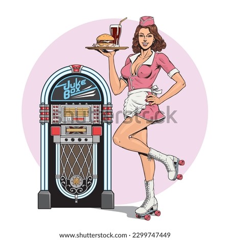 Waitress on roller skates, drive-in restaurant diner service. Young cute girl in uniform and music jukebox. 50's or 60's american style vector illustration