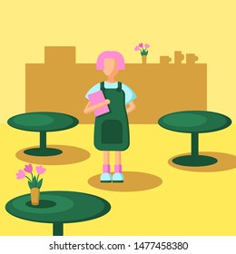 waitress with pink hair in cafe
