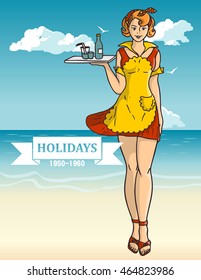 Waitress. Pin-up girl on beach background. American style