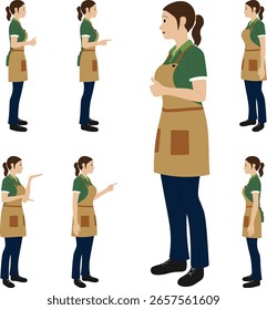 Waitress Pointing and Talking in Side View - Vector Character for Communication, and Presentation.