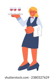 Waitress restaurant cartoon flat illustration. Caucasian female hostess server carrying tray wineglasses 2D character isolated on white background. Catering servant scene vector color image