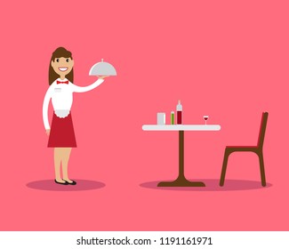 Waitress in restaurant near table with drinks holding a dish