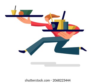 The waitress runs with trays of food. Vector illustration in a flat style.