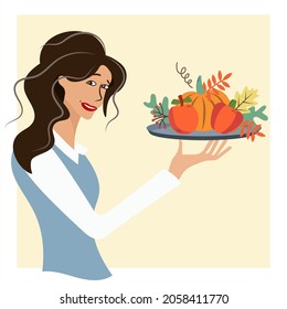 The waitress serves a platter of vegetables on a tray. A woman holds a plate decorated with fruits and vegetables for dinner in the evening on a yellow background. Vector for Thanksgiving, Vegan Day.