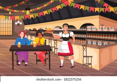 waitress serving beer to mix race couple in bar Oktoberfest party celebration concept friends sitting at table man woman having fun horizontal full length vector illustration