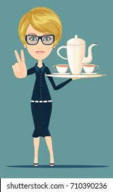 Waitress serving coffee or tea. Stock vector illustration for poster, greeting card, website, ad, business presentation, advertisement design