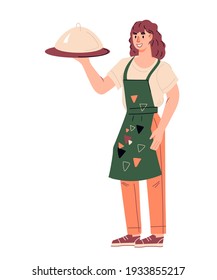 Camarera sirviendo plato a los clientes dibujando ilustración vectorial plana aislada en fondo blanco. Joven sonriente, simpático y educado camarero con delantal y bandeja con tapa. El personal del restaurante.