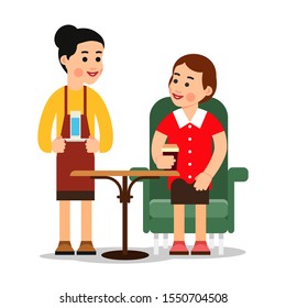 Waitress serving drinks. Woman worker holding a tray with a glass of drink. Girl sits at table and drink coffee or tea. Coffee cafe. Cartoon illustration isolated on white background in flat style.
