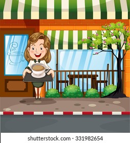 Camarera sirviendo café caliente en la ilustración de la tienda