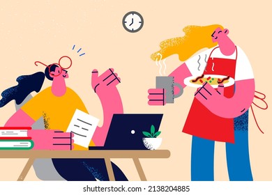 Waitress Serving Smiling Woman Client Working On Computer In Cafe Or Restaurant. Server Bring Food To Customer Table In Coffeeshop Or Diner. Good Quality Service, Freelance. Vector Illustration. 