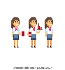 Waitress set. Pixel art. Old school computer graphic. 8 bit video game. Game assets 8-bit sprite.