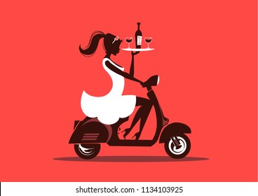 Waitress Silhouette delivering a wine bottle on a scooter