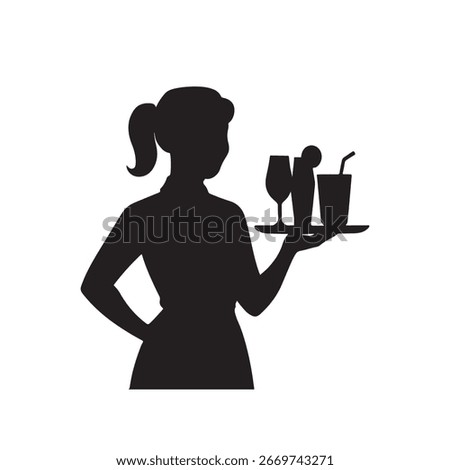 Waitress silhouette holding a tray with three drinks isolated on white background