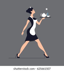 Waitress silhouette on a blue background. Slender girl carrying 
