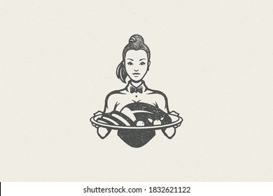 Waitress silhouette in uniform holding tray with roasted poultry turkey hand drawn stamp effect vector illustration. Vintage grunge texture emblem for package and menu design or label decoration.